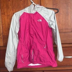 Pink and gray north face rain jacket